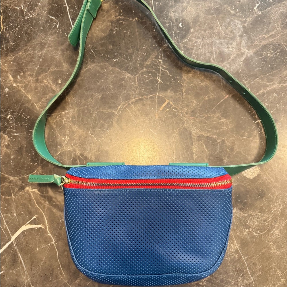 Clare V Blue and Green Fanny Pack Belt Bag perforated leather